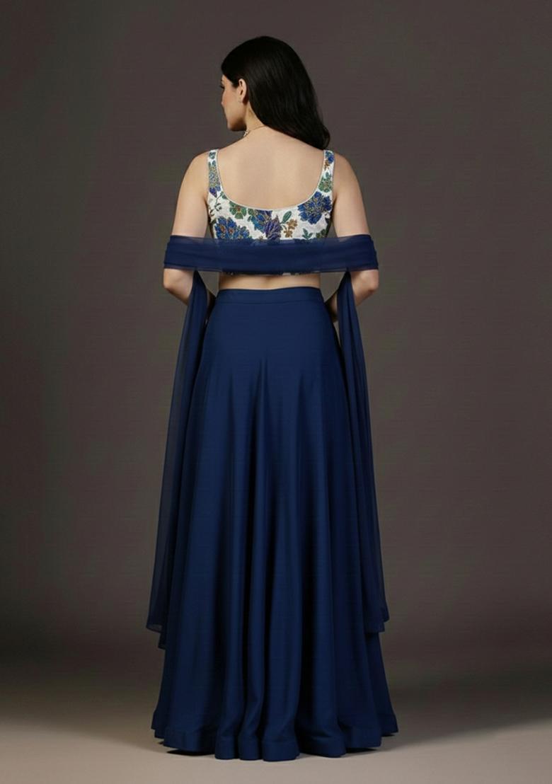 Deep Blue Embroidered Crepe Lehenga Set - Indya