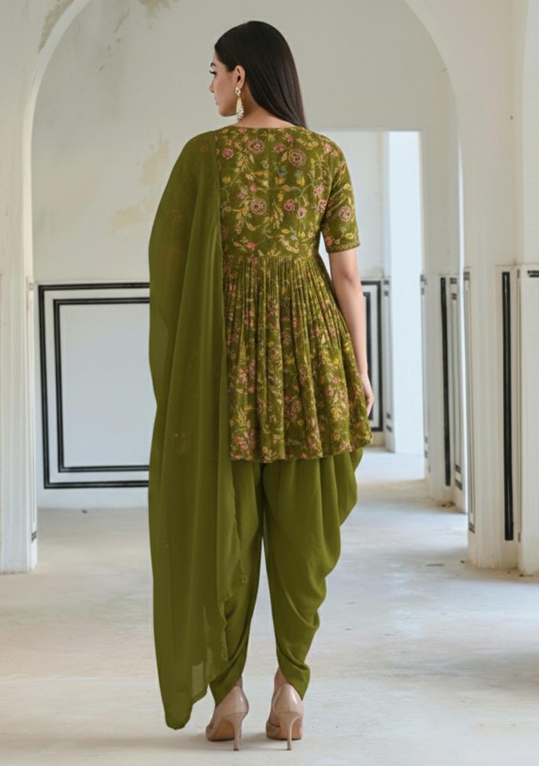 Olive Green Embroidered Crepe Check - Indya