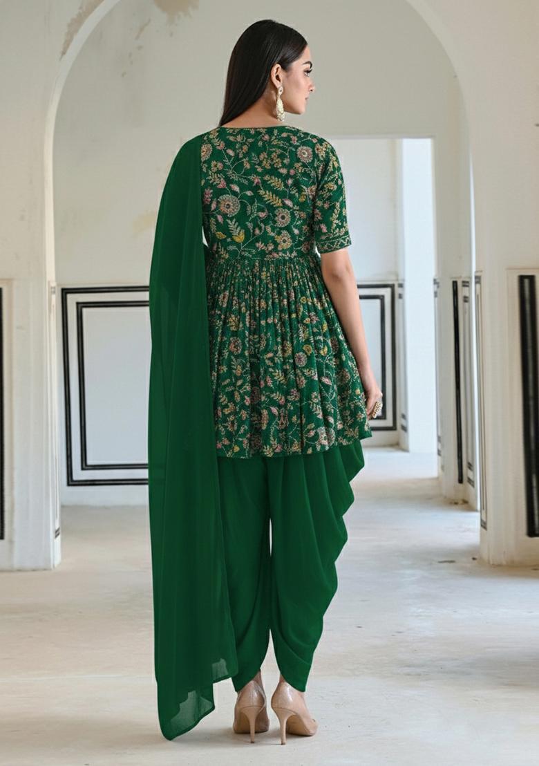 Bottle Green Embroidered Crepe Check - Indya