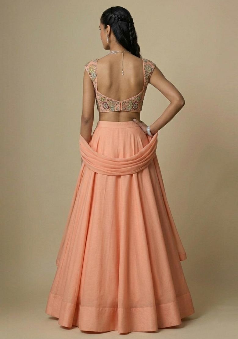 Peach Embroidered Organza Lehenga Set - Indya