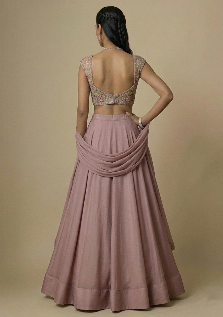 Mauve Embroidered Organza Lehenga Set - Indya