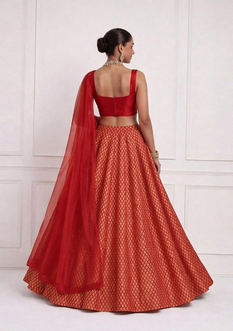 Red Brocade Lehenga Set - Indya