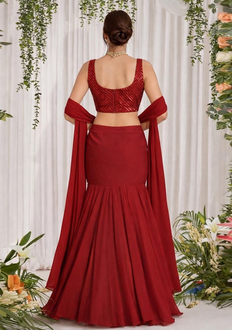 Red Embroidered Georgette Lehenga Set - Indya