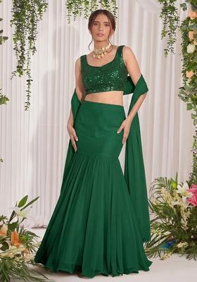 Bottle Green Embroidered Georgette Lehenga Set