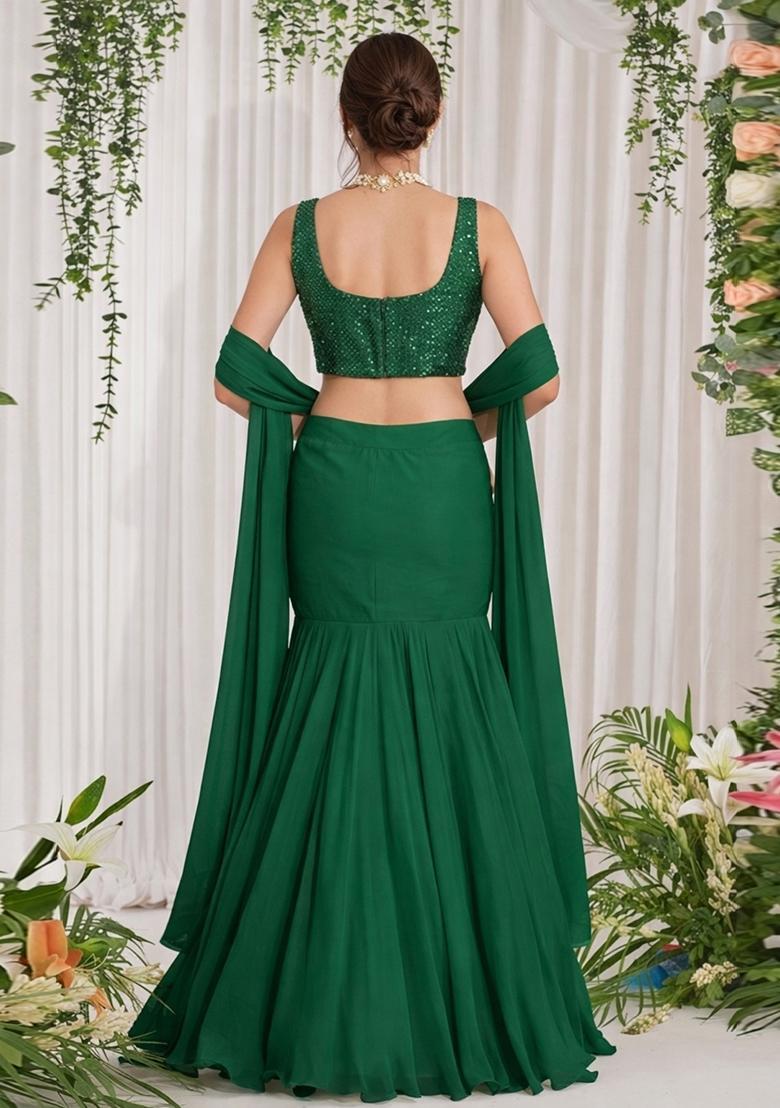 Bottle Green Embroidered Georgette Lehenga Set - Indya