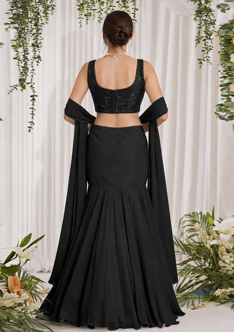 Black Embroidered Georgette Lehenga Set - Indya
