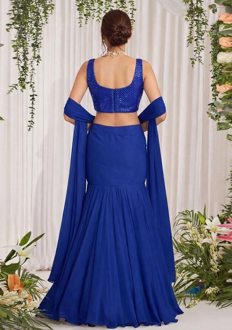 Royal Blue Embroidered Georgette Lehenga Set - Indya