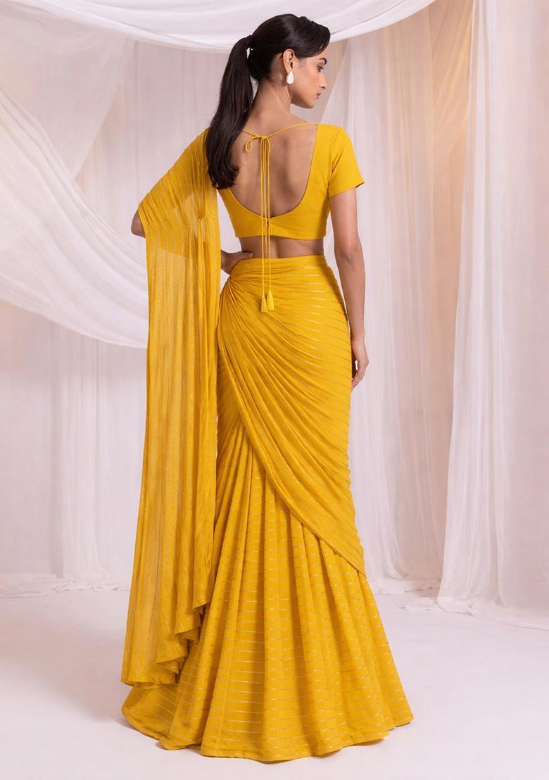 Mustard Yellow Embroidered Chinon Pre Draped Saree Set - Indya