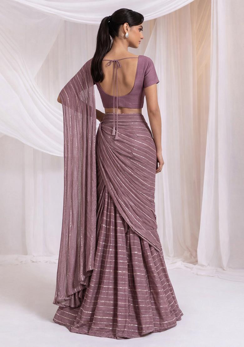 Mauve Embroidered Chinon Pre Draped Saree Set - Indya
