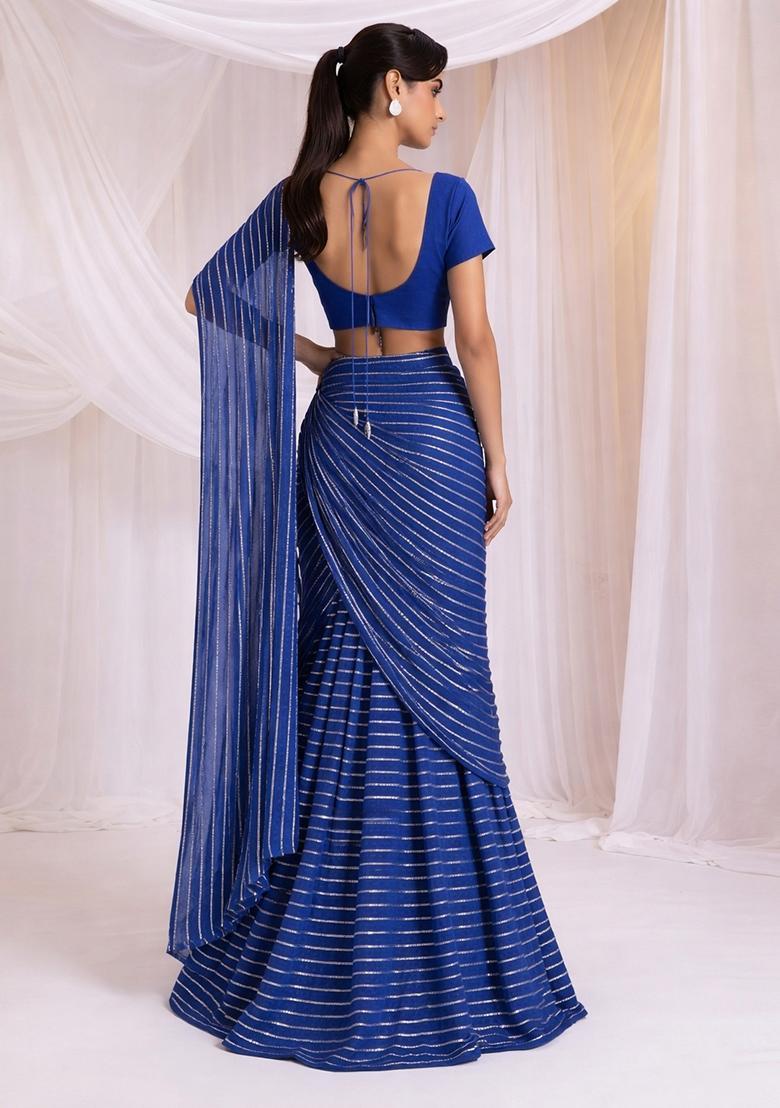 Royal Blue Embroidered Chinon Pre Draped Saree Set - Indya