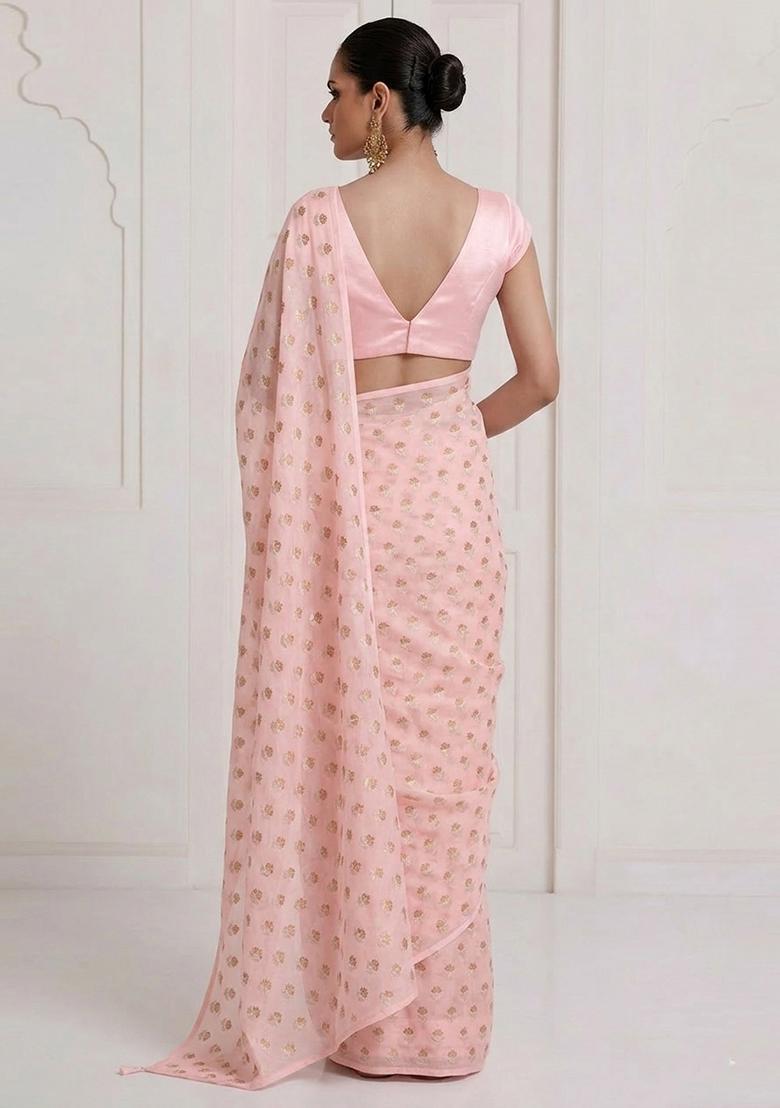 Pink Chanderi Pre Draped Saree Set - Indya