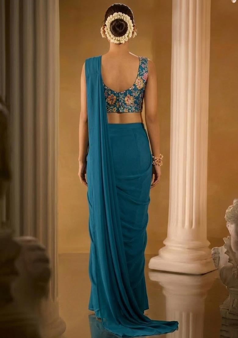 Teal Blue Embroidered Crepe Pre Draped Saree Set - Indya
