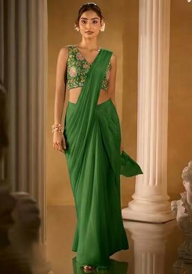 Green Embroidered Crepe Pre Draped Saree Set