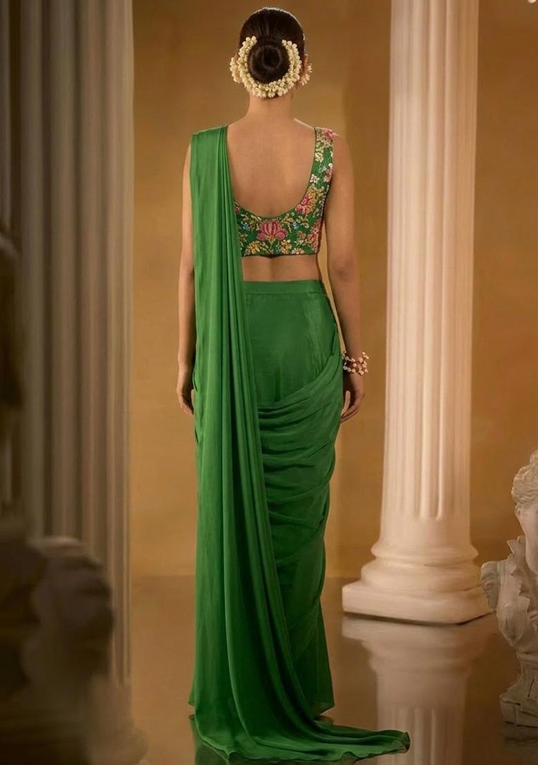 Green Embroidered Crepe Pre Draped Saree Set - Indya