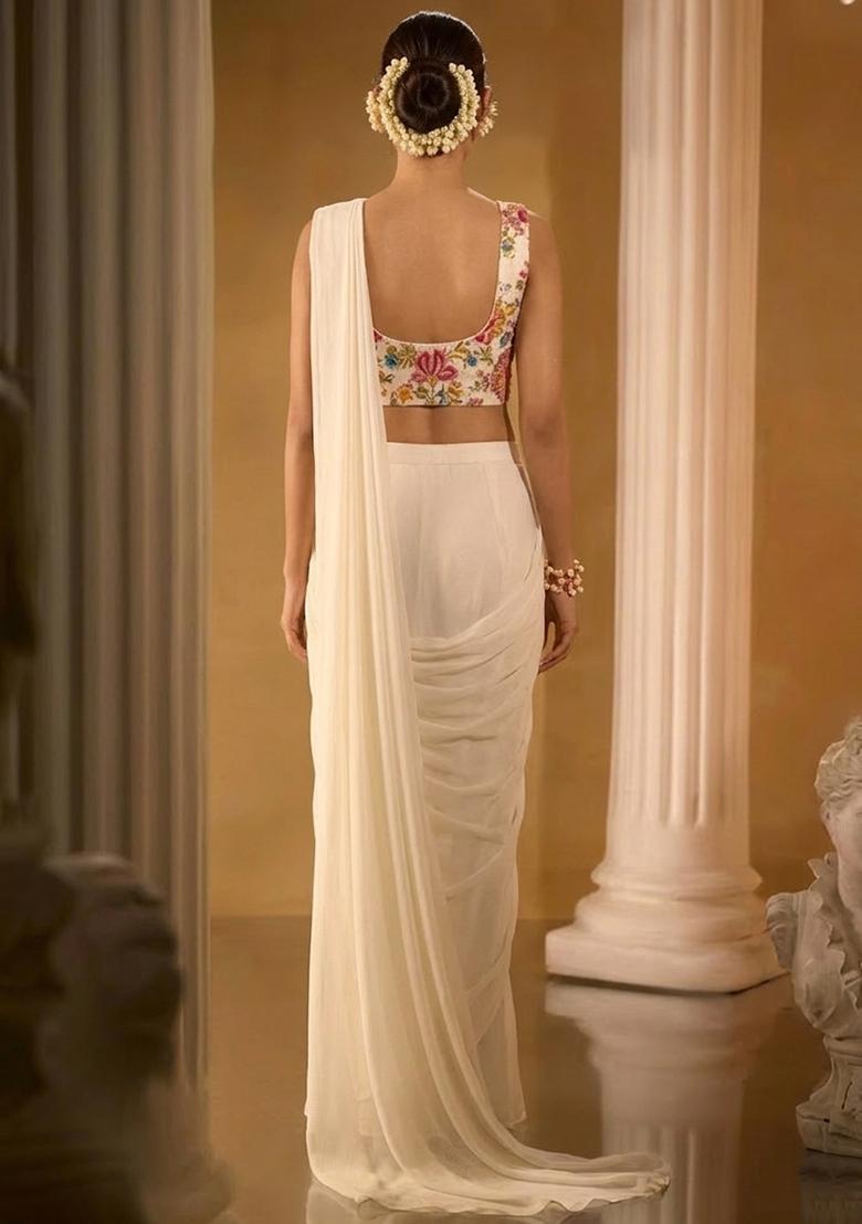 Soft Pink Embroidered Crepe Pre Draped Saree Set - Indya