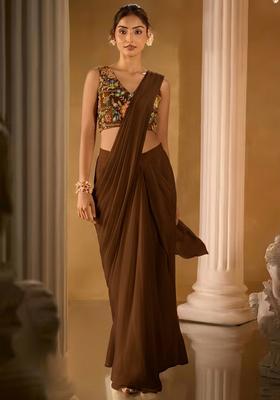 Brown Embroidered Crepe Pre Draped Saree Set