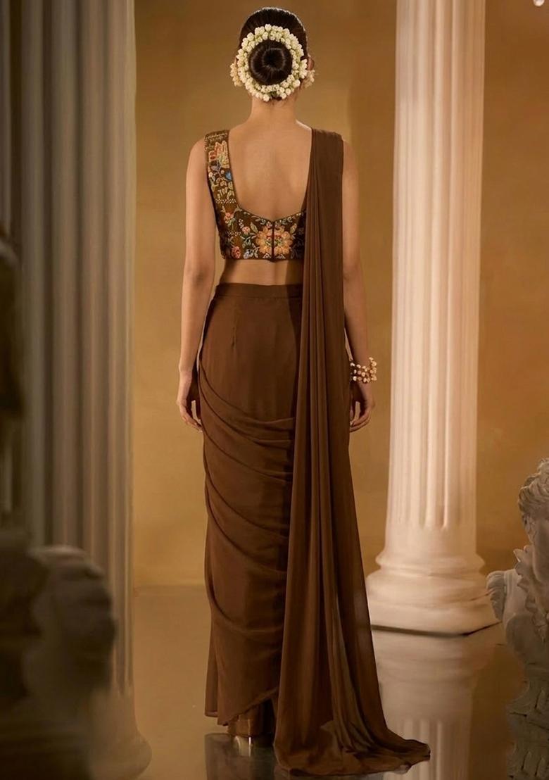 Brown Embroidered Crepe Pre Draped Saree Set - Indya