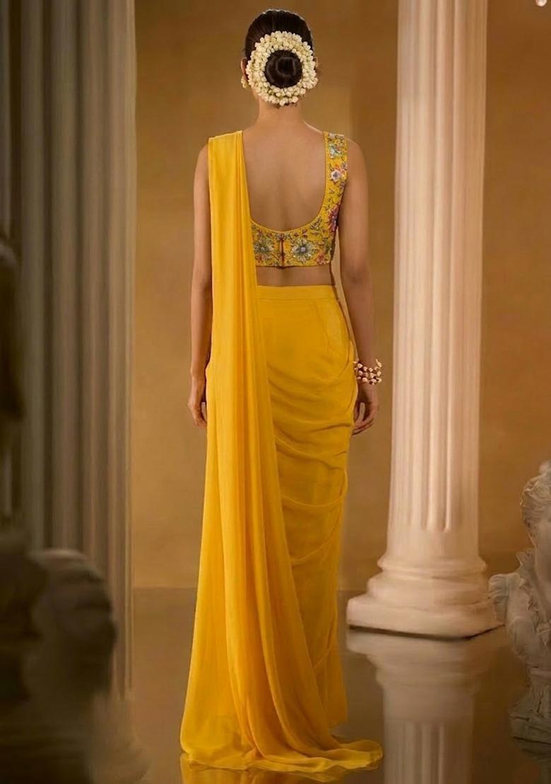 Yellow Embroidered Crepe Pre Draped Saree Set - Indya