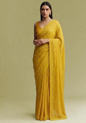 Mustard Yellow Embroidered Chinon Pre Draped Saree Set