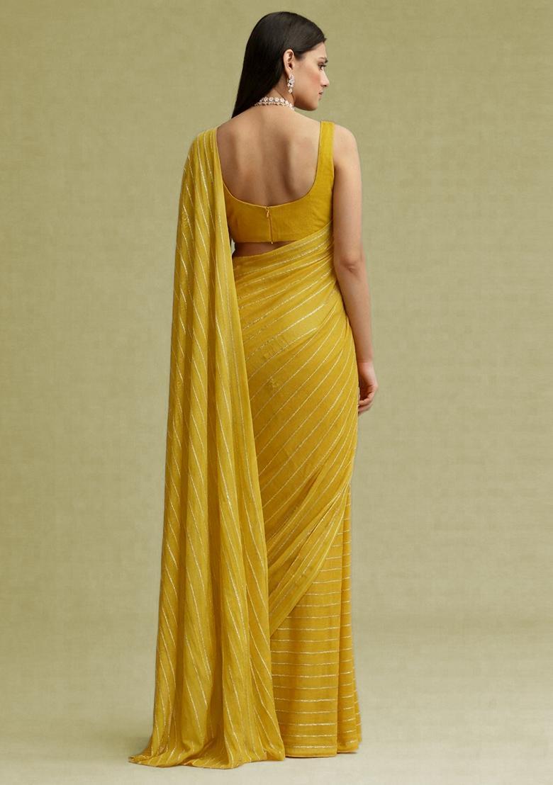 Mustard Yellow Embroidered Chinon Pre Draped Saree Set - Indya