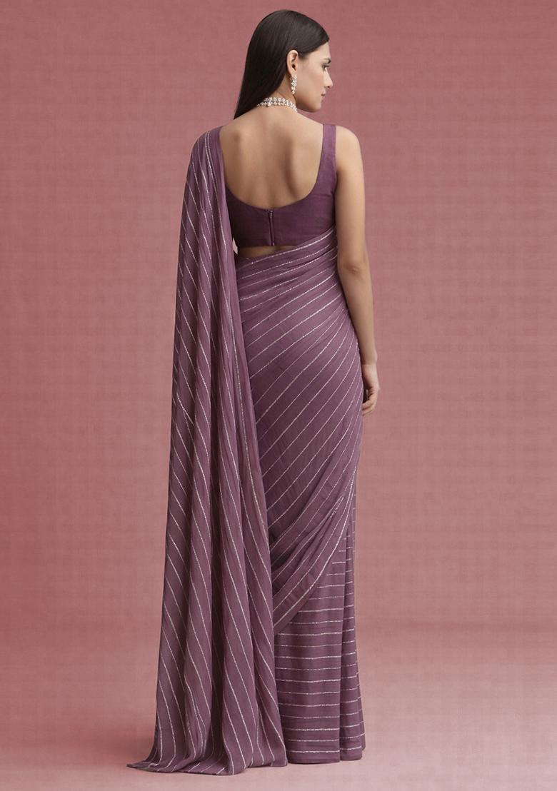 Mauve Embroidered Chinon Pre Draped Saree Set - Indya