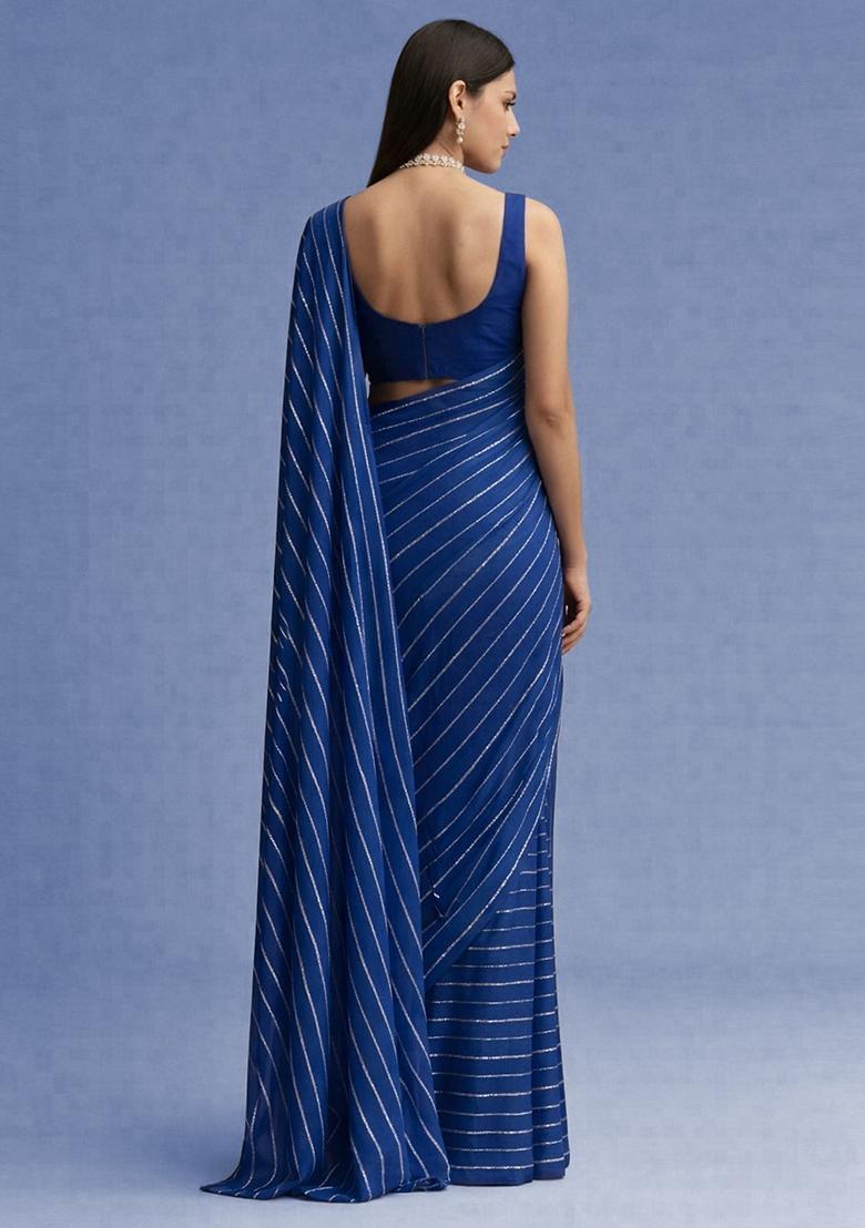 Royal Blue Embroidered Chinon Pre Draped Saree Set - Indya