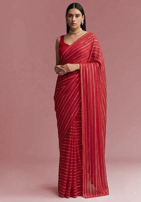 Crimson Red Embroidered Chinon Pre Draped Saree Set