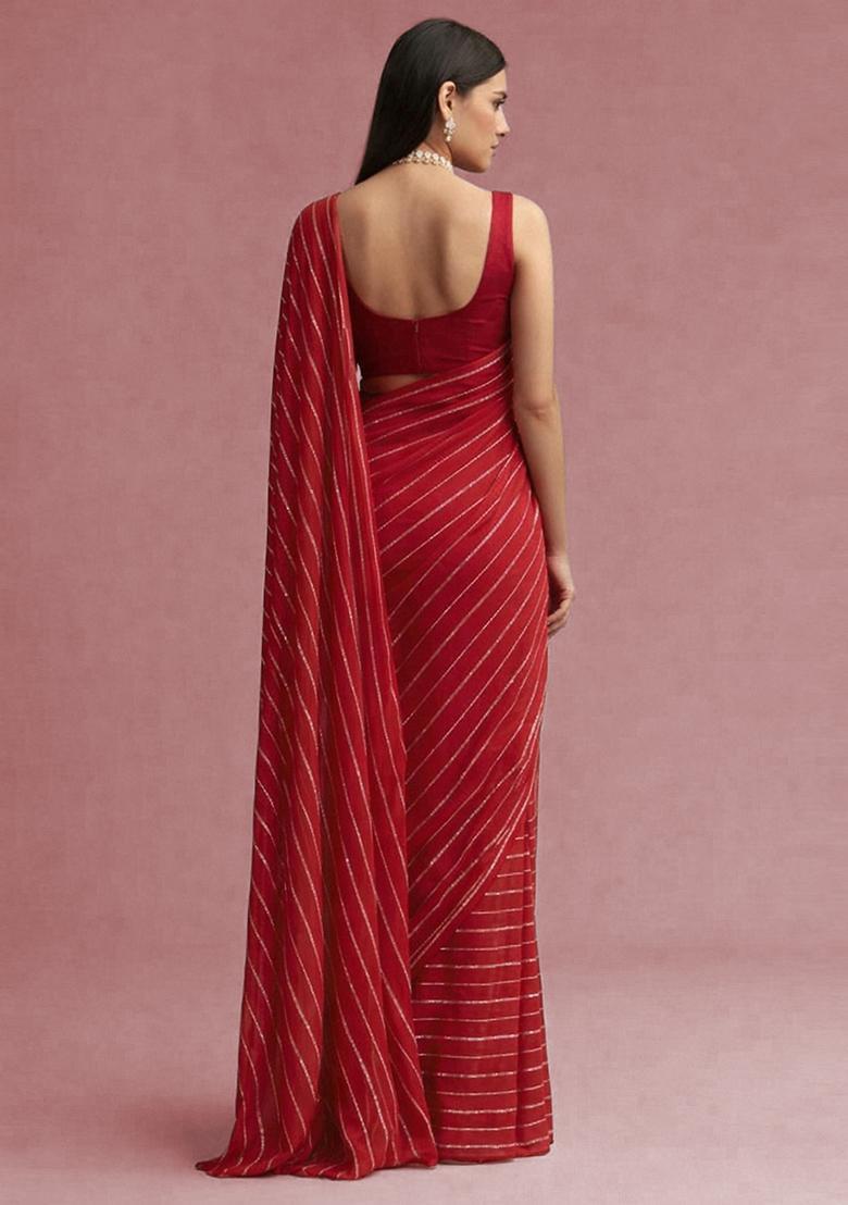 Crimson Red Embroidered Chinon Pre Draped Saree Set - Indya