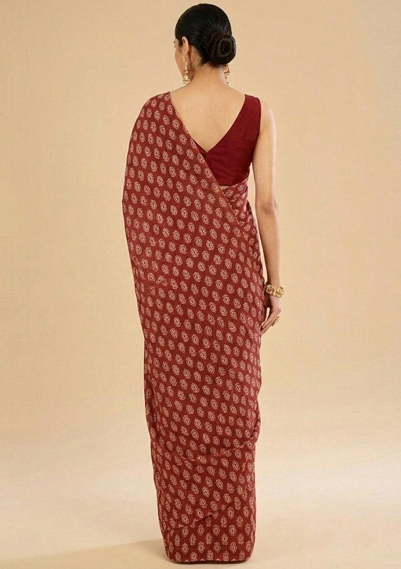 Maroon Printed Satin Pre Draped Saree Set - Indya