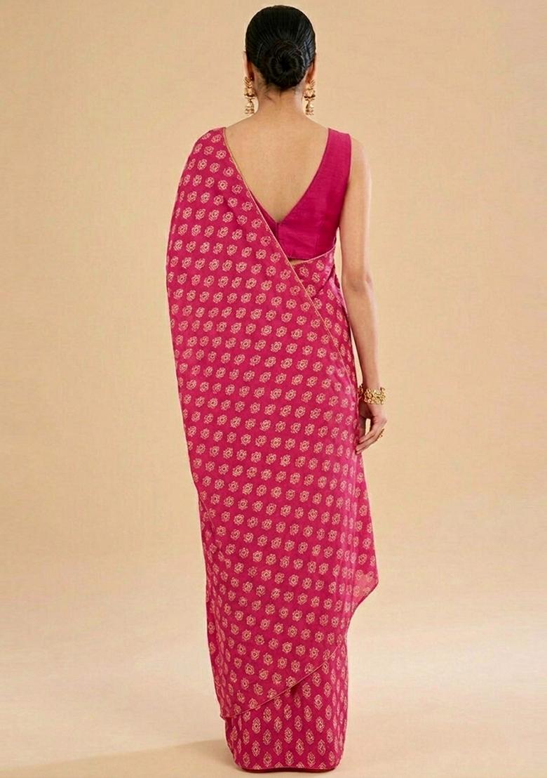 Pink Printed Satin Pre Draped Saree Set - Indya