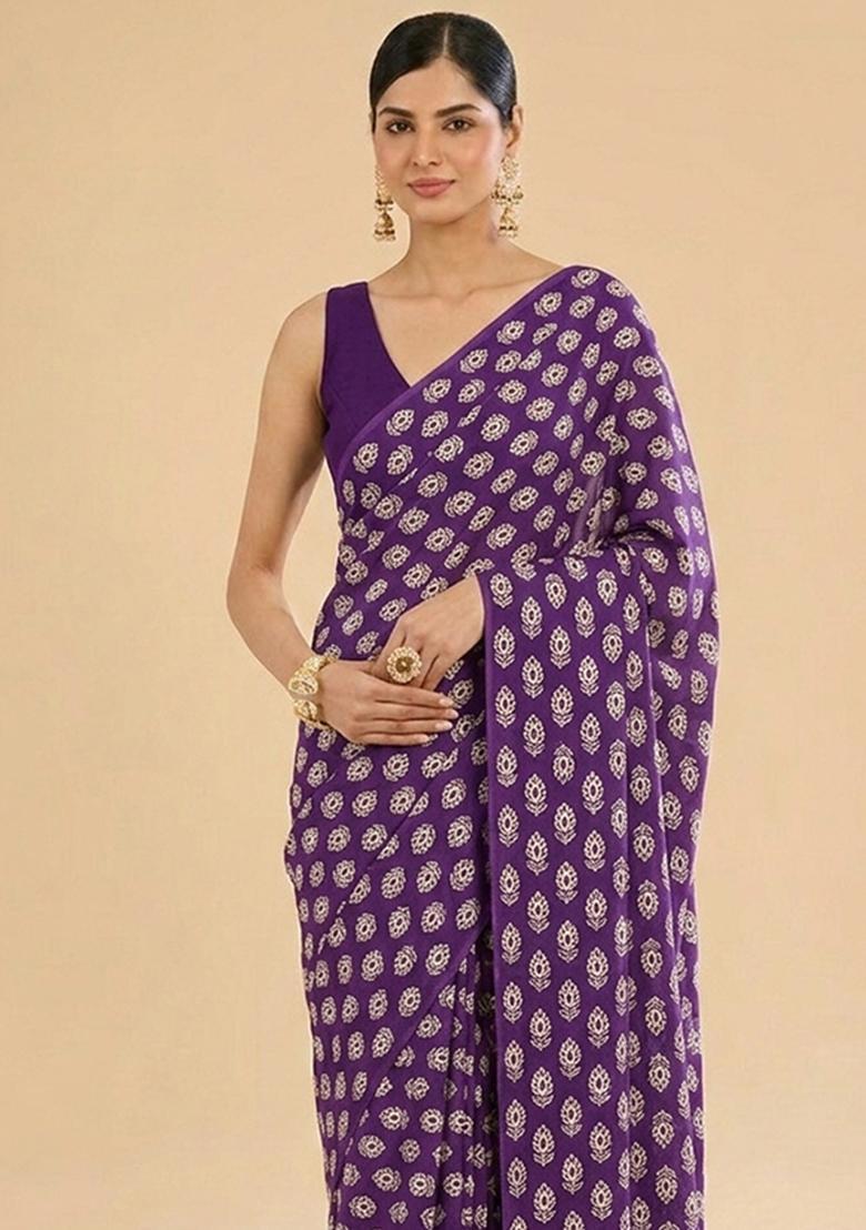 Purple Printed Satin Pre Draped Saree Set - Indya