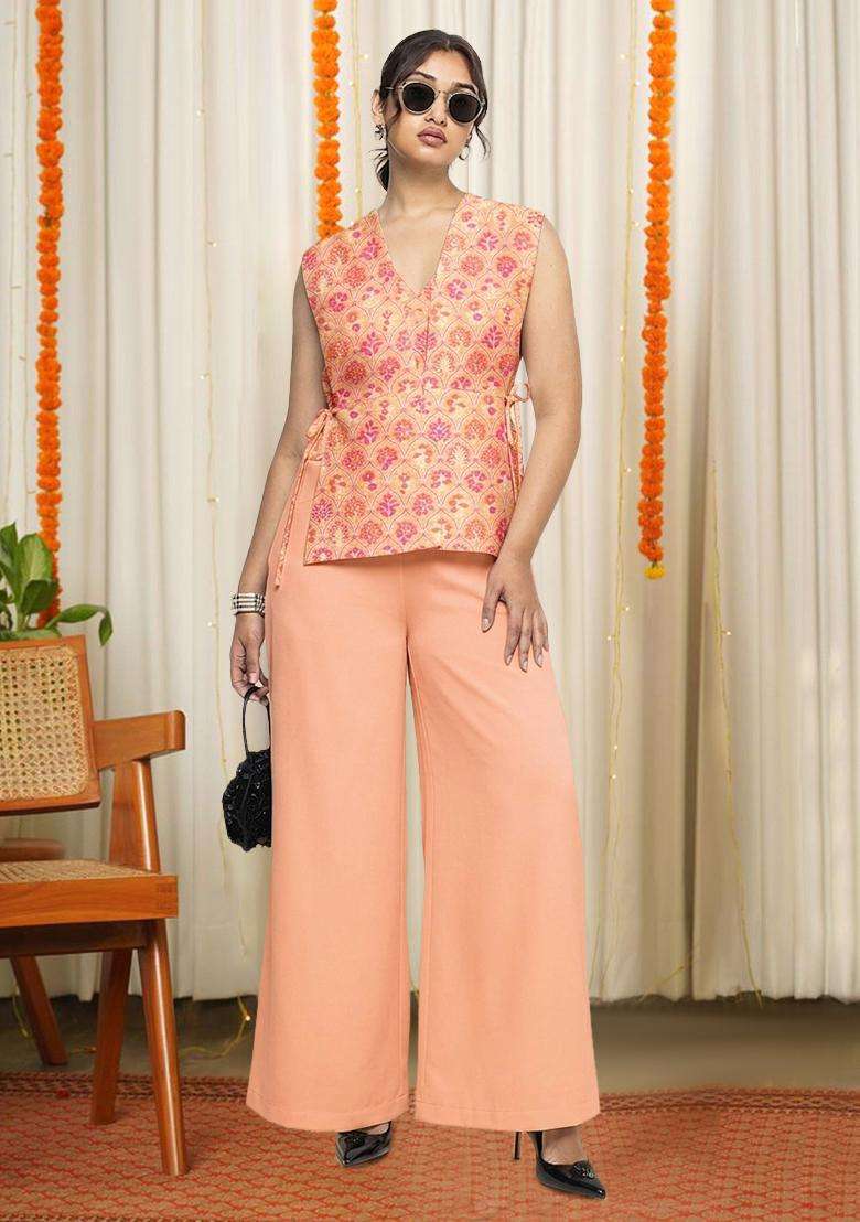 Peach Zari Satin Fusion Set - Indya