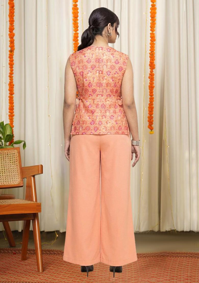 Peach Zari Satin Fusion Set - Indya