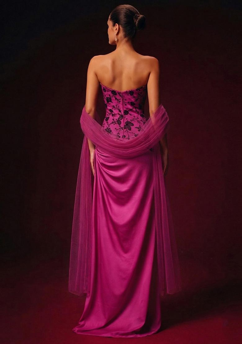 Hot Pink Embroidered Chanderi Fusion Set - Indya