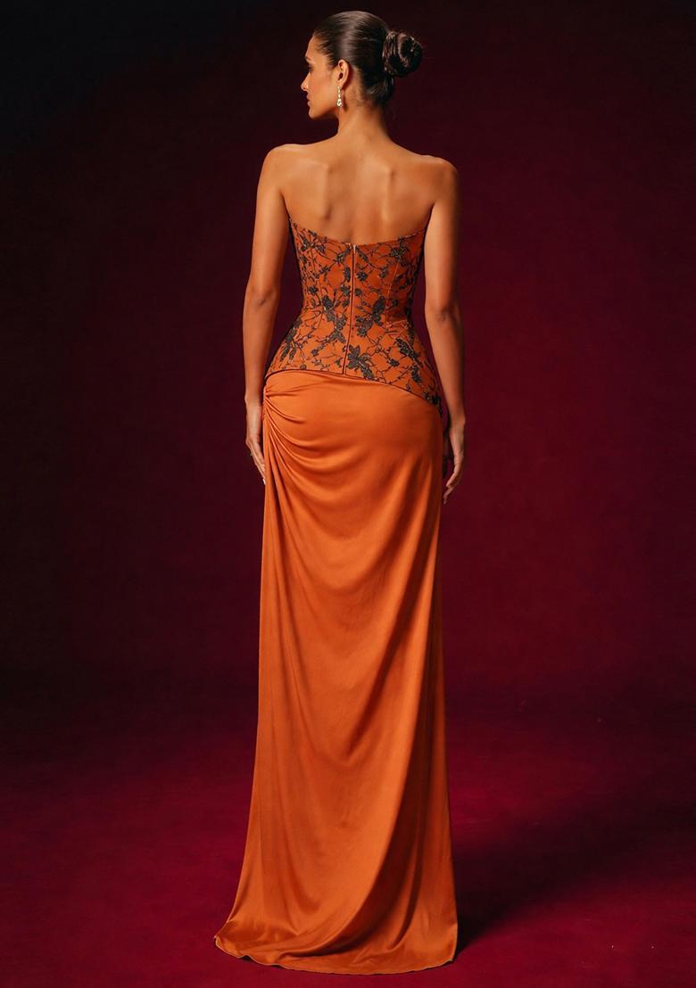 Orange Embroidered Chanderi Fusion Set - Indya
