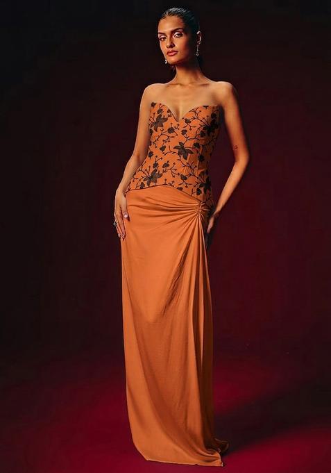 Orange Embroidered Chanderi Fusion Set