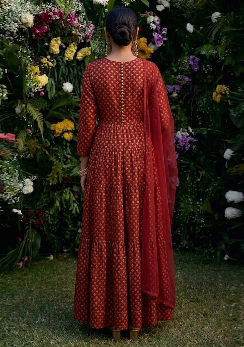 Maroon Silk Blend Anarkali With Dupatta - Indya