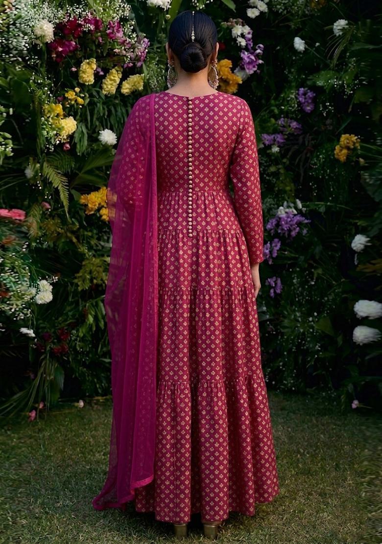 Rani Pink Silk Blend Anarkali With Dupatta - Indya