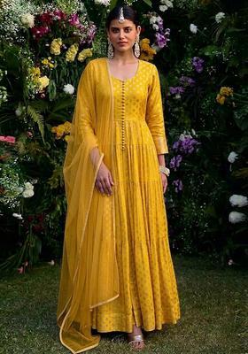Yellow Silk Blend Anarkali With Dupatta