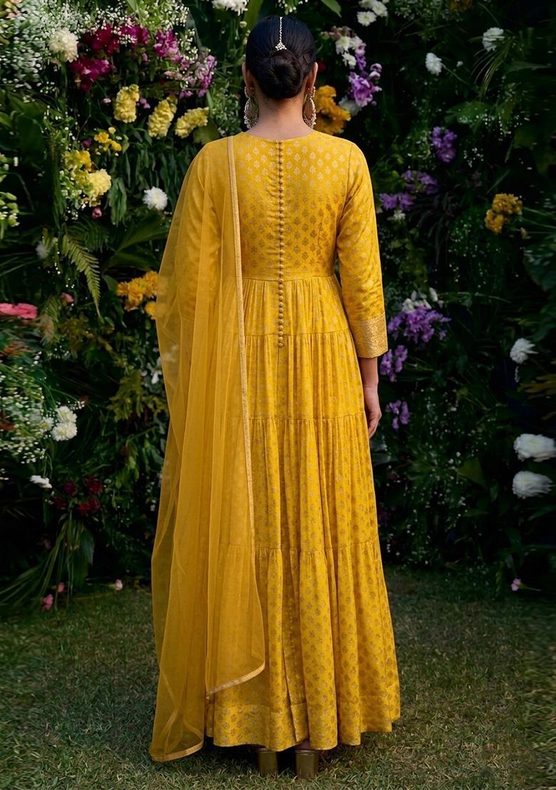 Yellow Silk Blend Anarkali With Dupatta - Indya