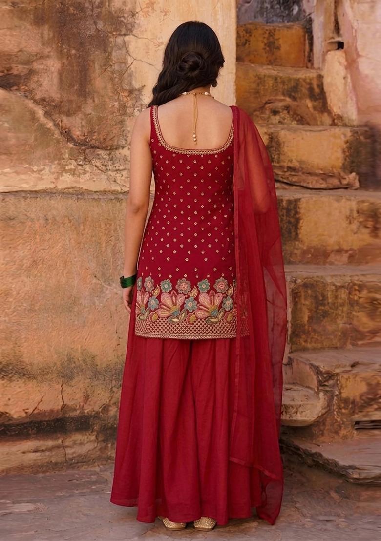 Crimson Red Embroidered Crepe Sharara Set - Indya