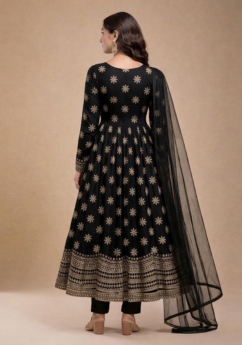 Jet Black Zari Tissue Anarkali Set - Indya