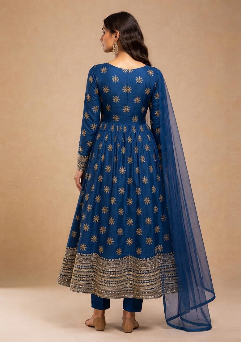 Blue Zari Tissue Anarkali Set - Indya