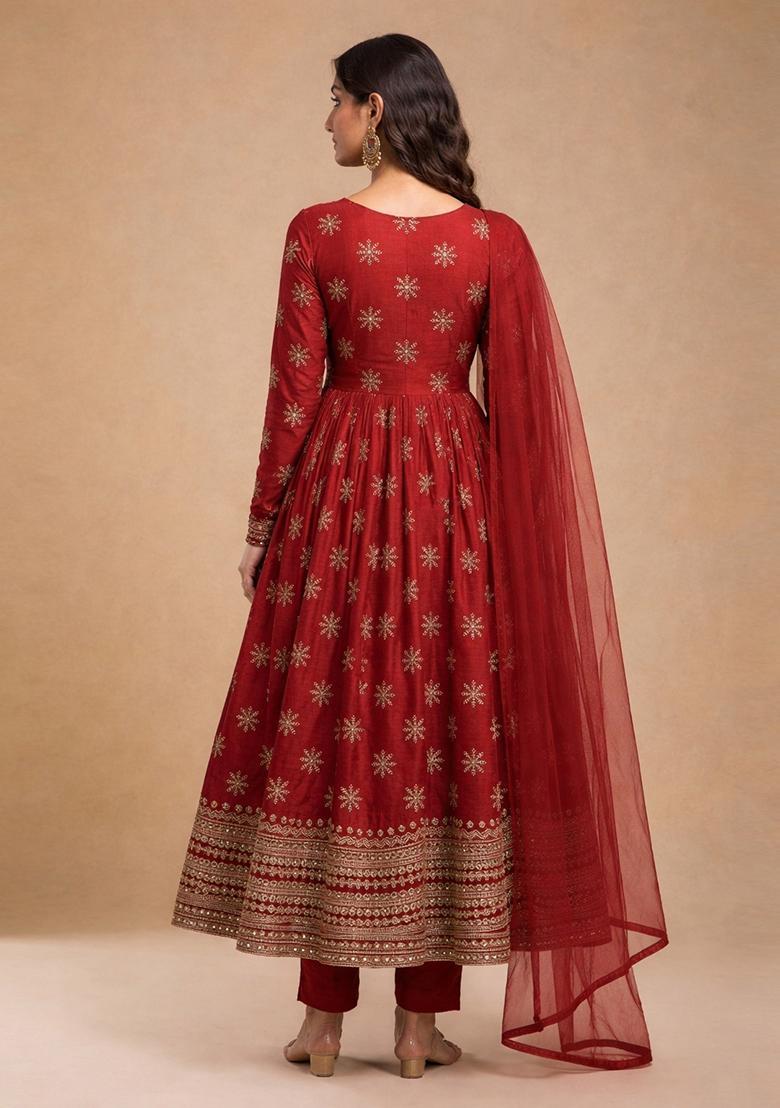 Red Zari Tissue Anarkali Set - Indya