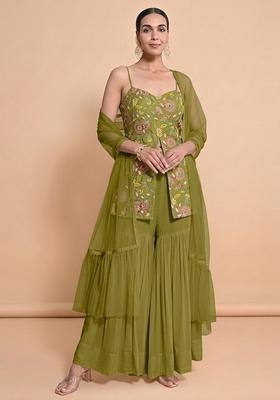 Olive Green Embroidered Crepe Sharara Set