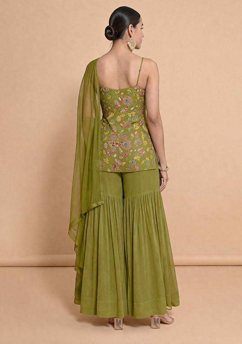 Olive Green Embroidered Crepe Sharara Set - Indya