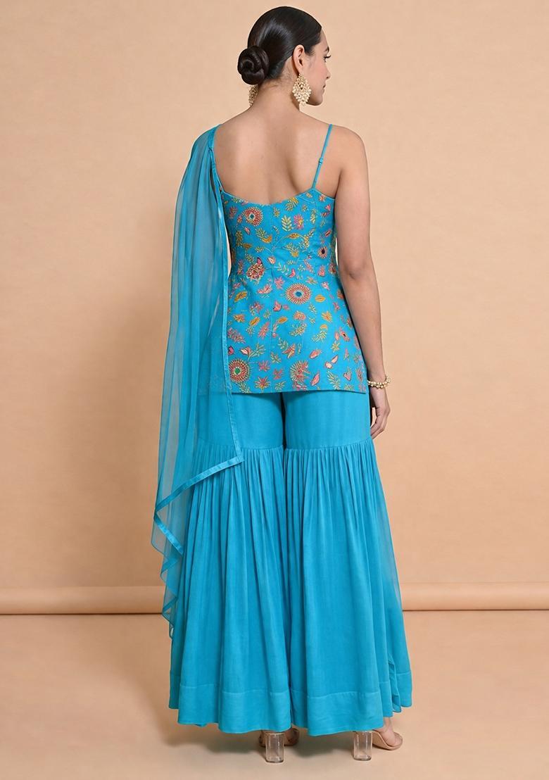 Turquoise Blue Embroidered Crepe Sharara Set - Indya