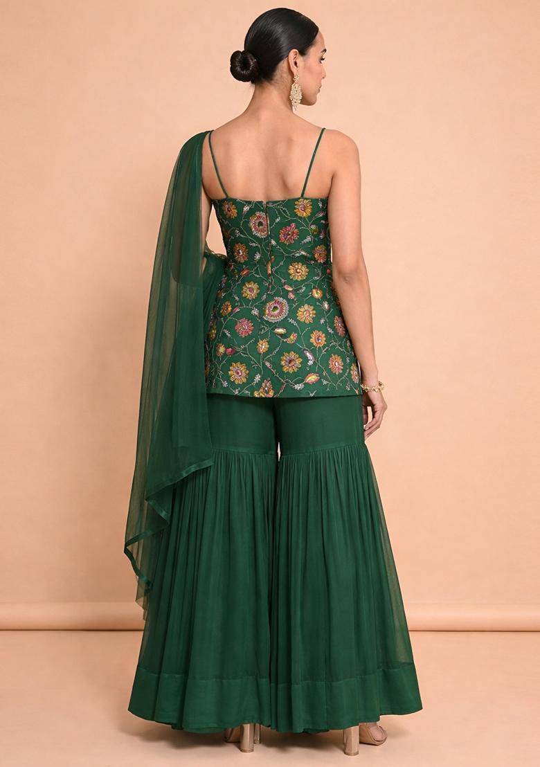 Bottle Green Embroidered Crepe Sharara Set - Indya