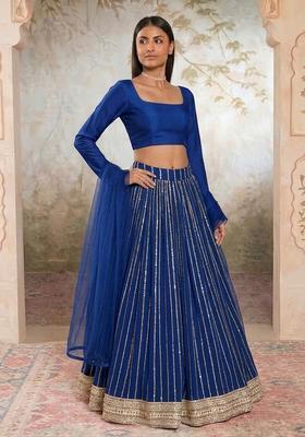 Blue Embroidered Crepe Lehenga Set