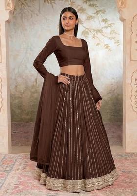 Brown Embroidered Crepe Lehenga Set